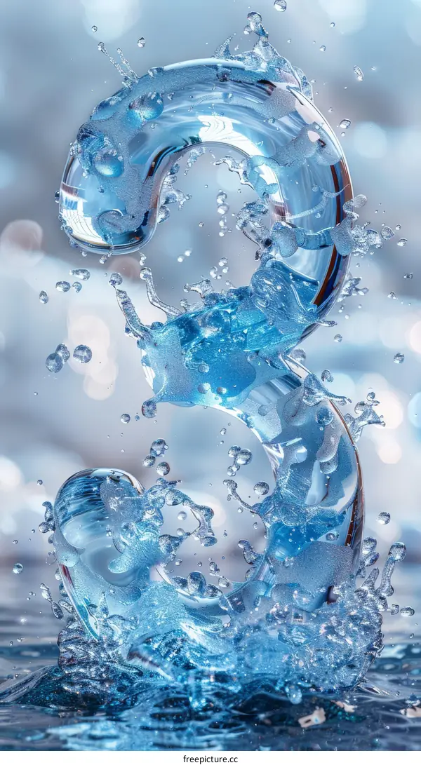 3D rendering of a blue water splash in the form of the number 3