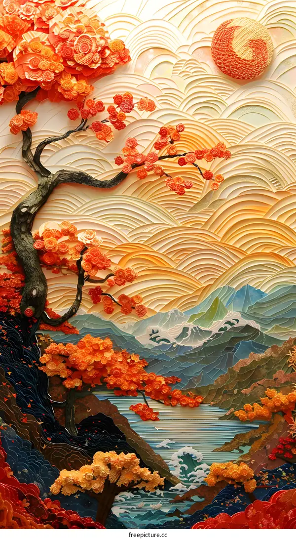 An illustration of a cherry blossom tree in a mountainous landscape with a setting sun and a body of water.
