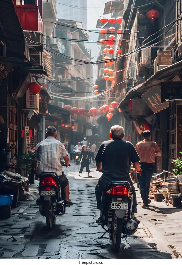Two Men Riding Motorcycles Through a Narrow Alleyway in China