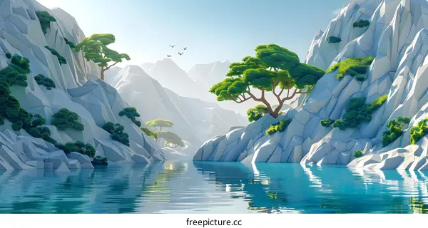 3D illustration of a mountain landscape with a lake in the foreground