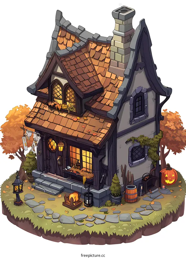 Fantasy Style Stone House with Fall Leaves