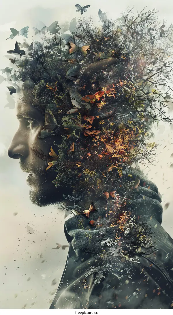 Autumn Leaves and Butterflies Emerging from a Man's Head