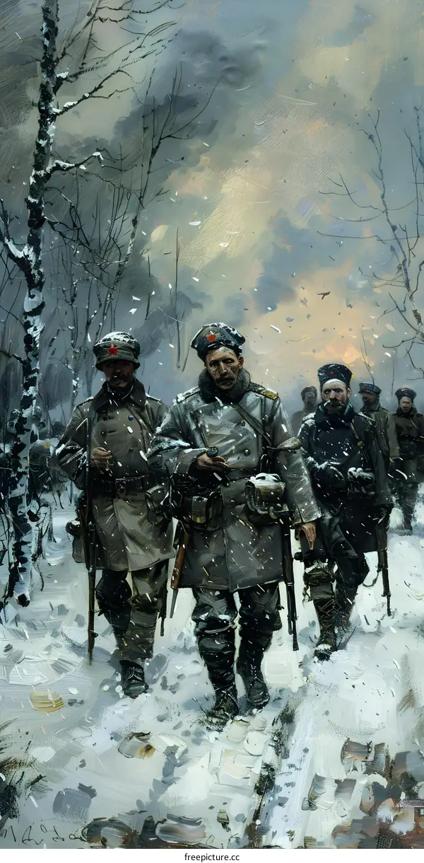 Soviet Soldiers Walking Through Snowy Forest