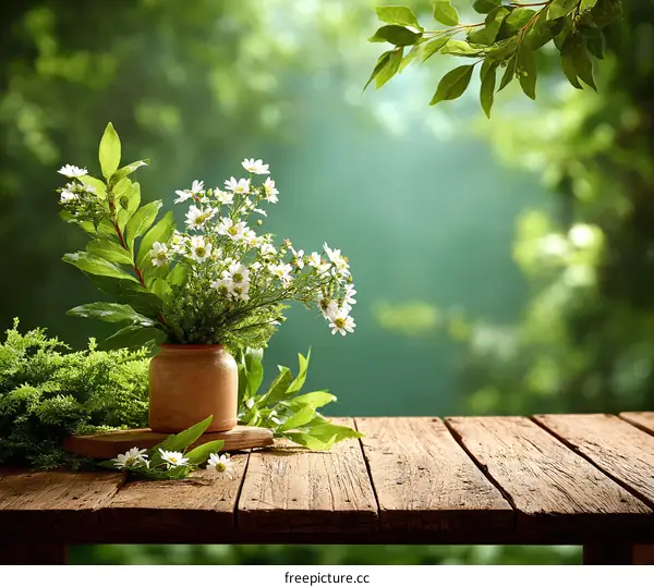 Rustic Wooden Table with Flowers in Vase, Nature Scene