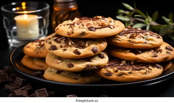 Delectable Chocolate Chip Cookies on a Plate with Candlelight