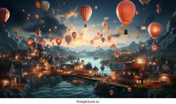 Fantasy Village with Floating Hot Air Balloons