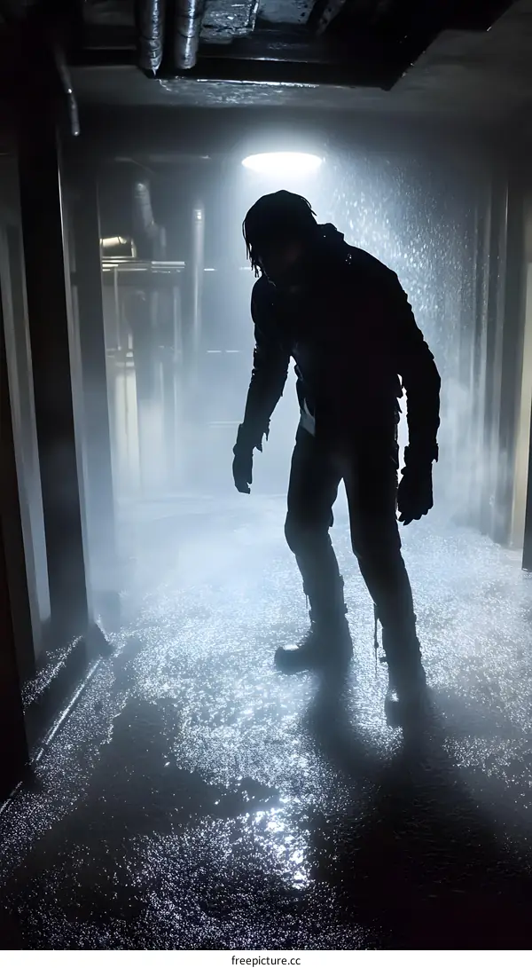 Silhouette of a Person Standing in a Foggy Corridor