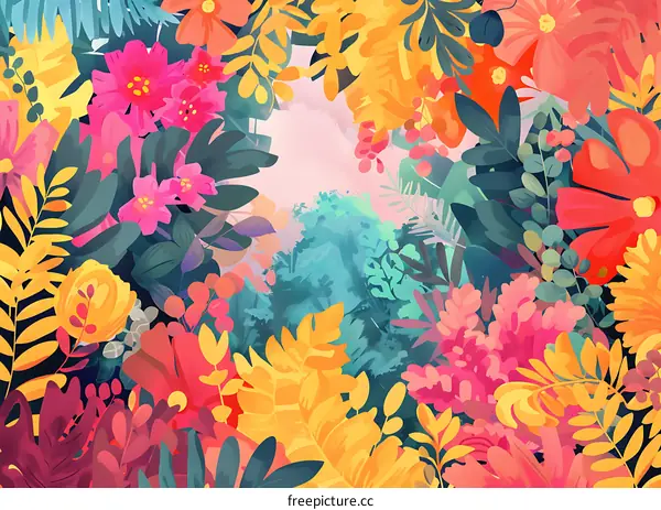 Colorful Floral Illustration with Heart Shape Frame