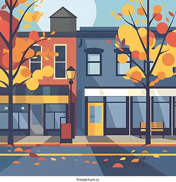 Autumn Street with Buildings and Trees Illustration
