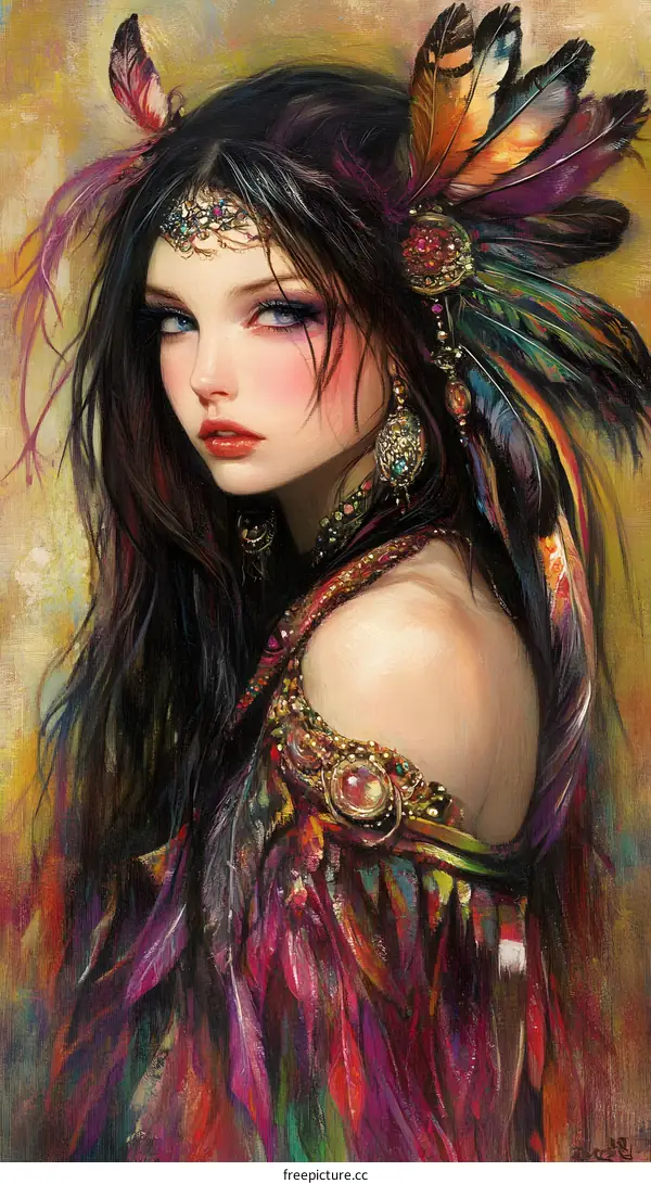 Colorful Feathers and Portrait of a Woman