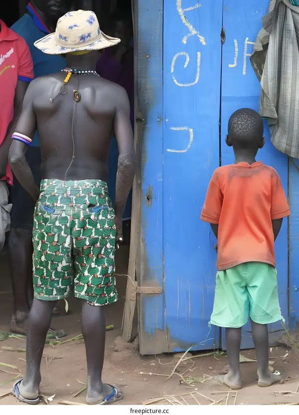 Two African Men Standing Outside a Blue Door