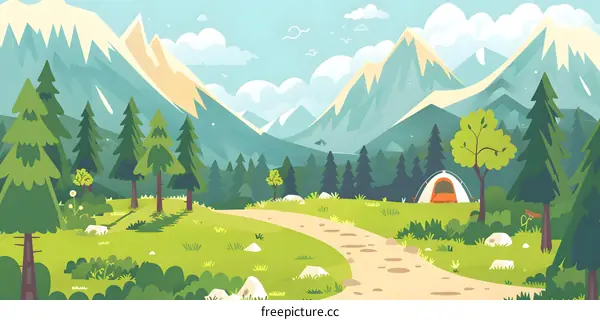 Mountain Landscape Illustration with Tent and Winding Path