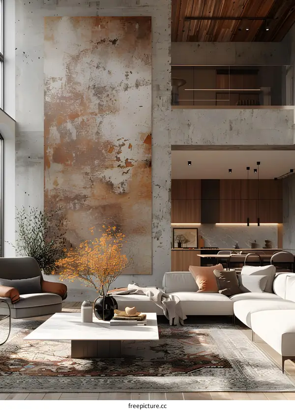Modern industrial style living room with concrete walls and wood ceilings