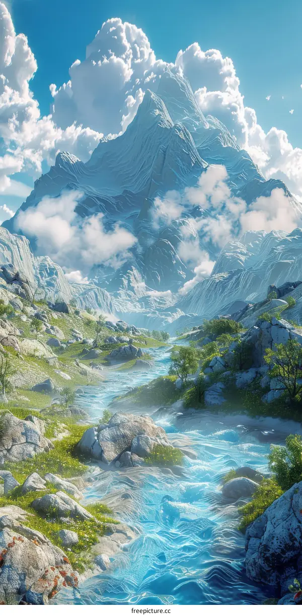 Majestic Mountain River Scenic Landscape Illustration