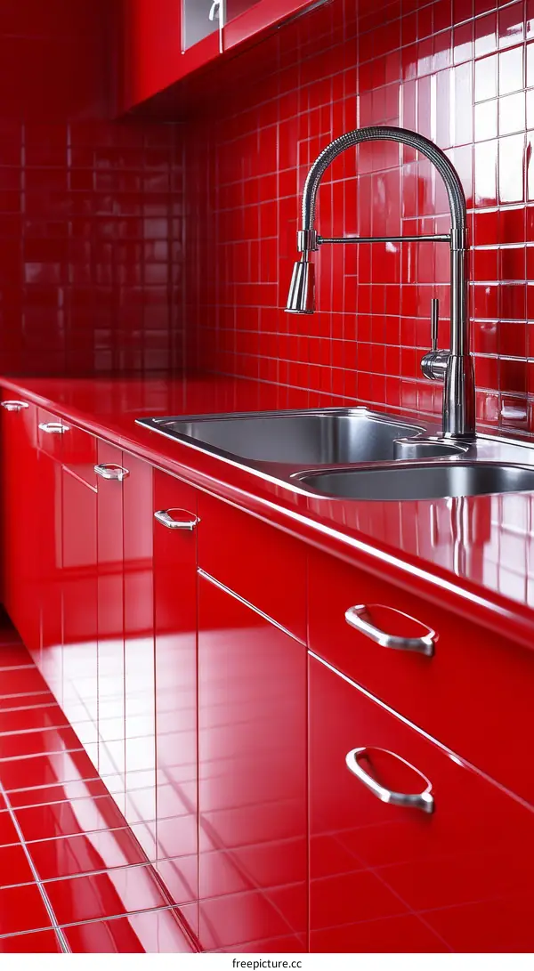 Modern Red Kitchen with Stylish Fixtures