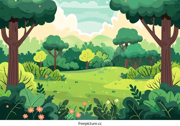 Green Forest Landscape Illustration with Trees and Flowers