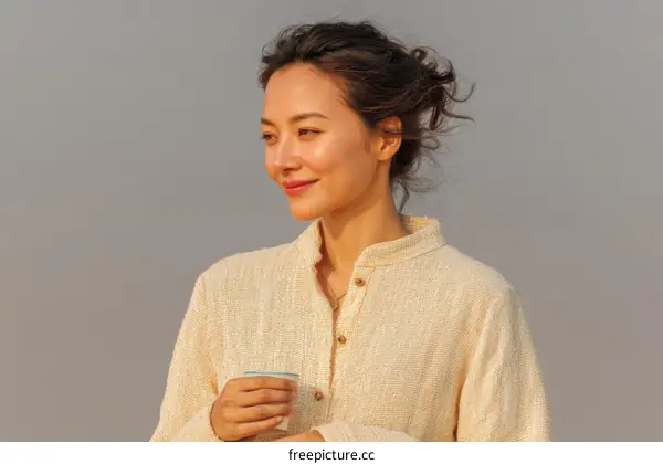 Asian Woman in Beige Linen Shirt Outdoor Portrait