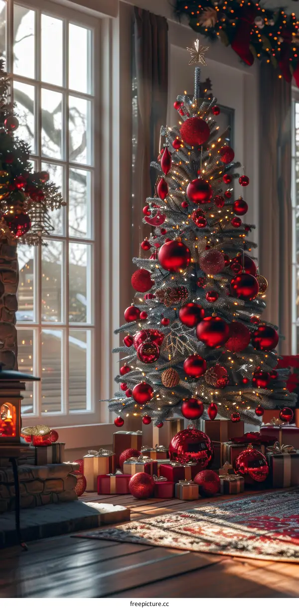 A living room with a Christmas tree decorated by the fireplace