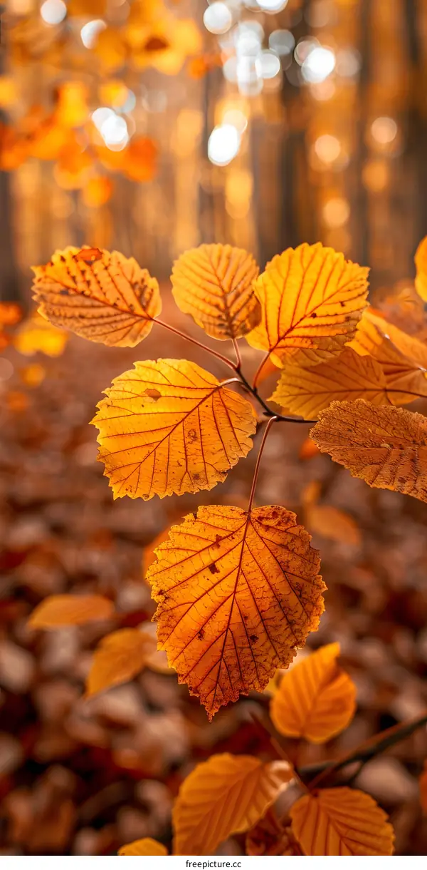 Close-up of brown and orange autumn leaves with blurred background