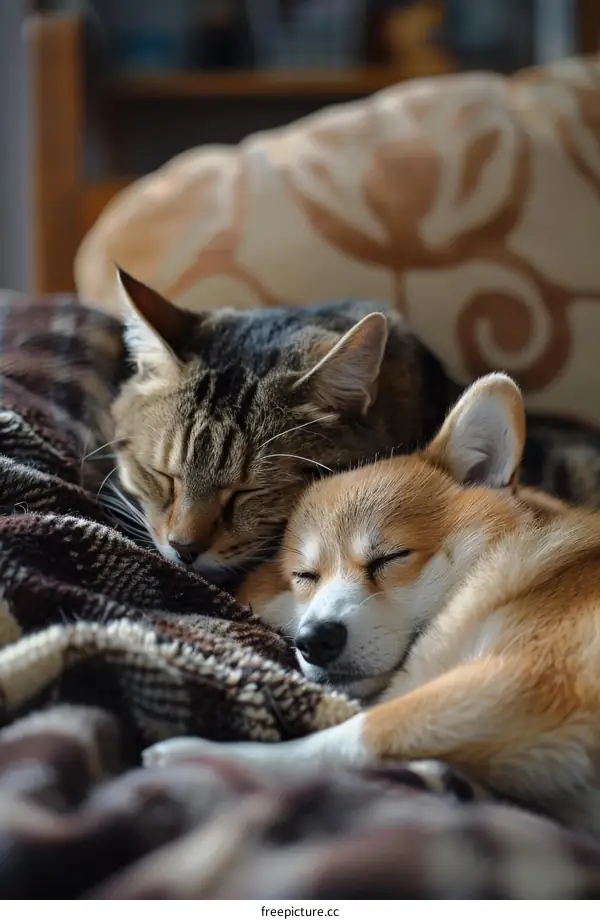 Cute Cat and Dog Napping Together on a Blanket