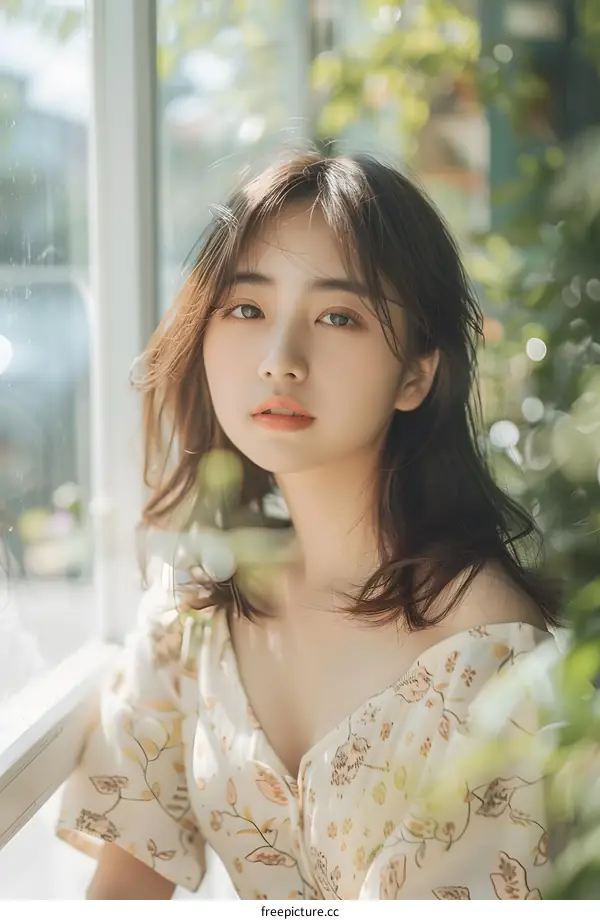 Portrait of a Young Asian Woman with Flowers in Her Hair