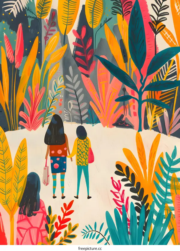Two Women Walking Through a Colorful Tropical Garden Illustration