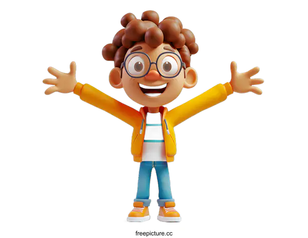 [Transparent Background PNG]3d cartoon character of a boy with glasses and brown hair wearing a yellow jacket and blue jeans