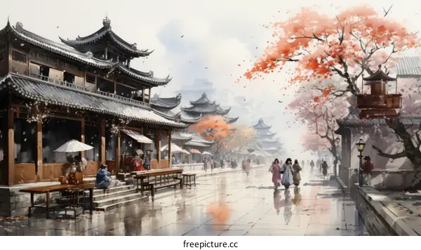 A Chinese woman walking through a traditional Chinese courtyard with red maple trees in the background