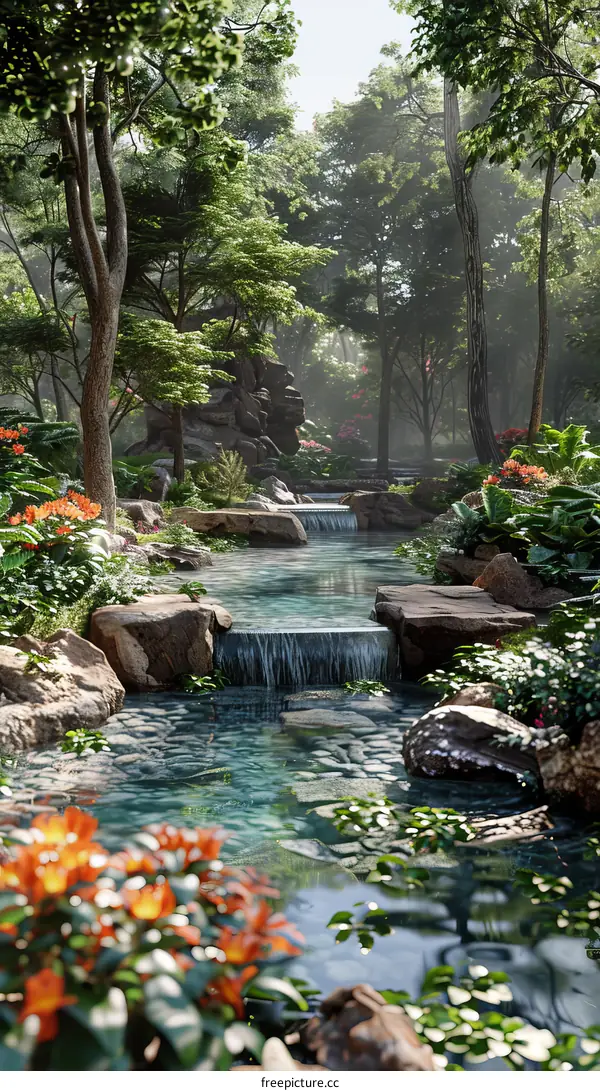 Sunlit Forest Creek with Waterfall