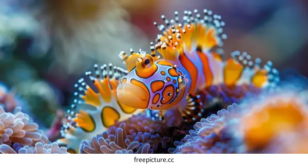 A tiny and colorful fish with a big head and a long tail