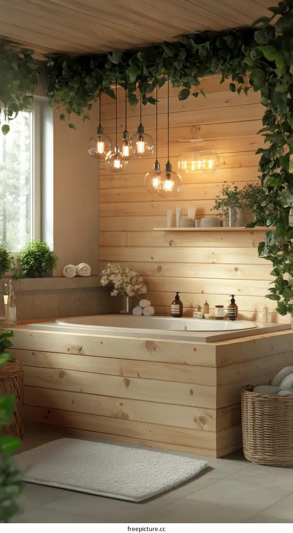 Wooden Bathroom with Hanging Lamps and Plants