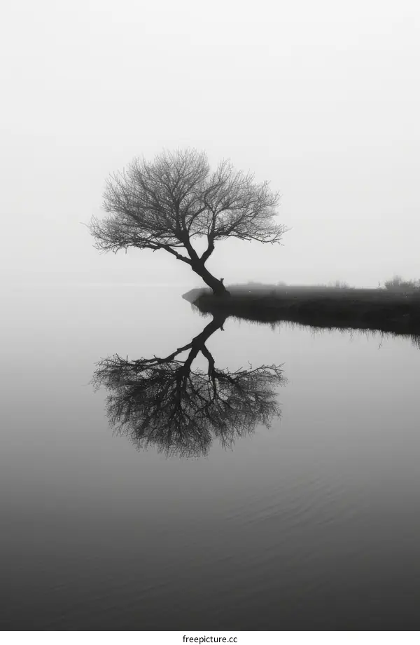 A solitatry tree stands in a barren field, its skeletal branches reaching out towards the sky