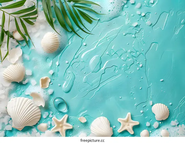 Seashells and Starfish on Blue Background