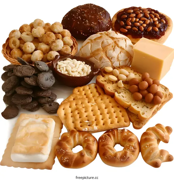 Variety of Baked Goods and Snacks on White Background