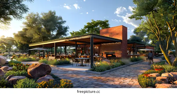 Modern building with green roof and outdoor patio