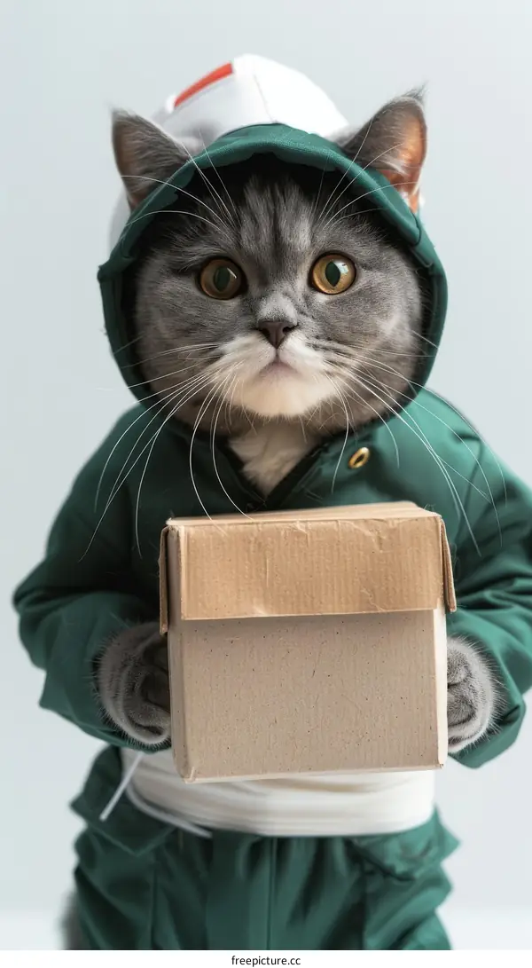 Cat wearing a green hoodie holding a cardboard box
