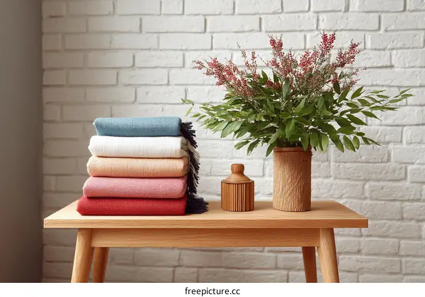 Stacked Blankets and Flowers in a Modern Home