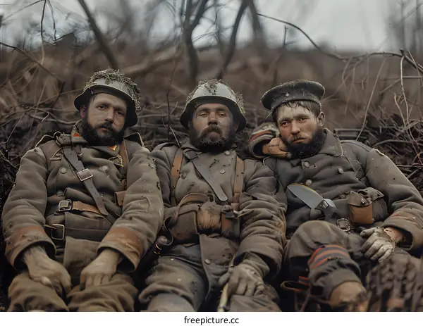 Three soldiers in a trench during World War I