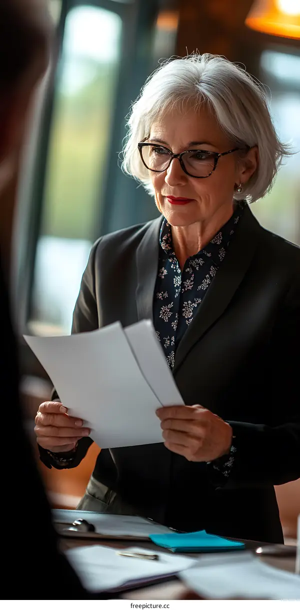 Woman in a Suit Reviews a Document During a Meeting