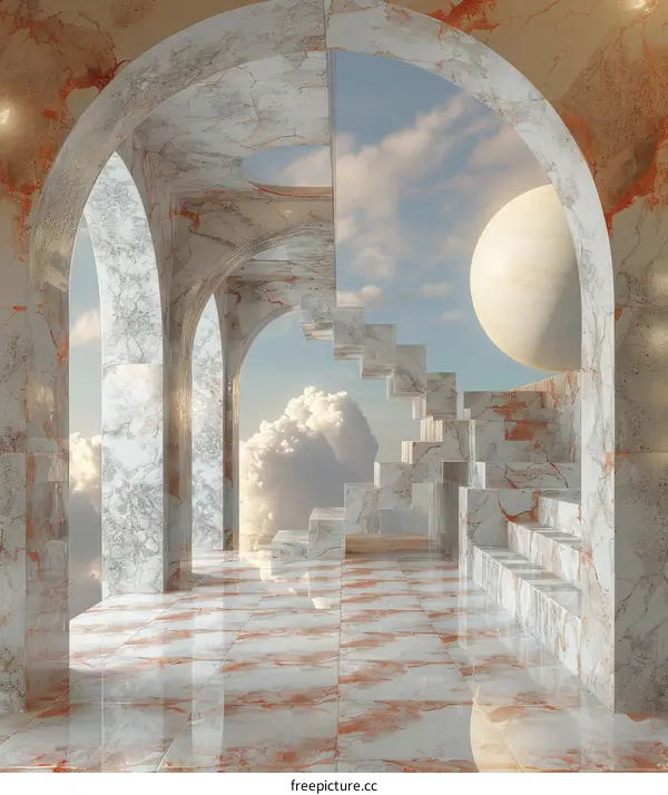 Surreal Marble Architecture with Staircase Leading to Clouds and Moon