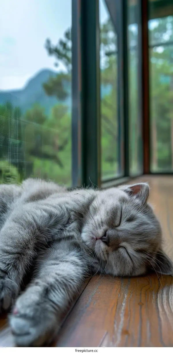 A gray kitten sleeps peacefully on a wooden floor in front of large windows.