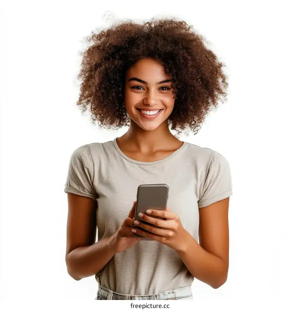Smiling African Woman Using Smartphone Portrait