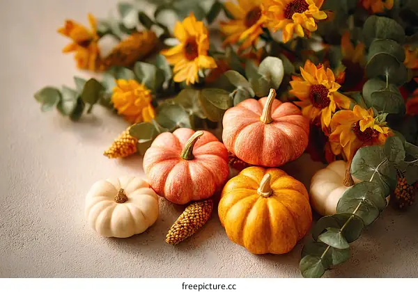 Autumn Thanksgiving Decorative Arrangement with Pumpkins and Flowers
