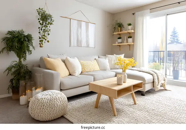 Cozy Living Room with Warm Neutrals and Pops of Yellow