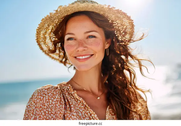Smiling Woman in a Straw Hat by the Seaside