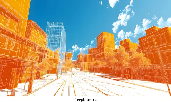 Wireframe Cityscape With Orange And Blue Colors