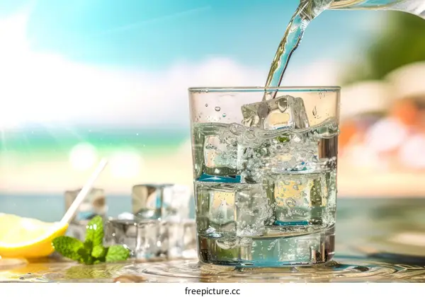 Clear Water Being Poured Into Glass With Ice Cubes