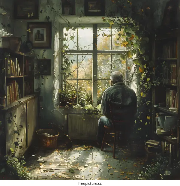 An old man sits in a chair in a room with a large window