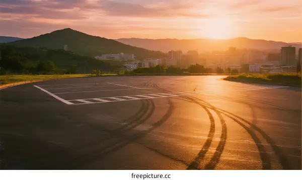 Sunset over an empty runway with tire tracks and city in the background