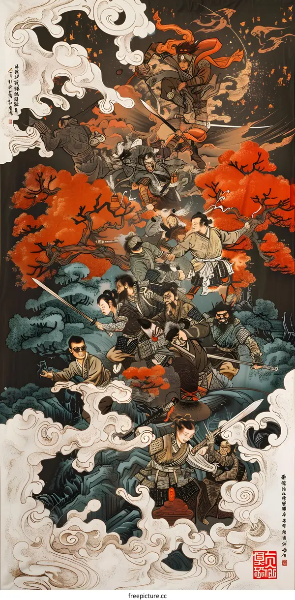 Japanese Style Illustration of Samurai Warriors Fighting